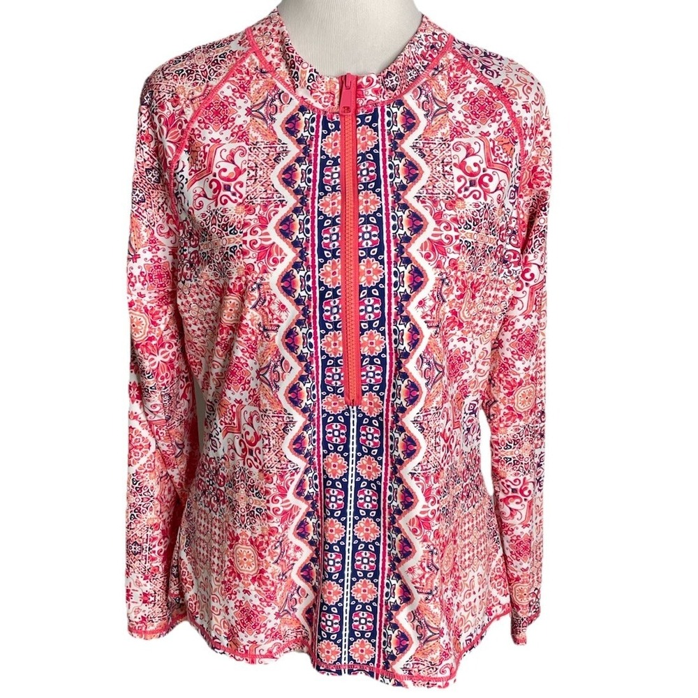 AQUA ET SOL Pink Medallion 1/2 Zip Neck Rashguard Swim Top  XL